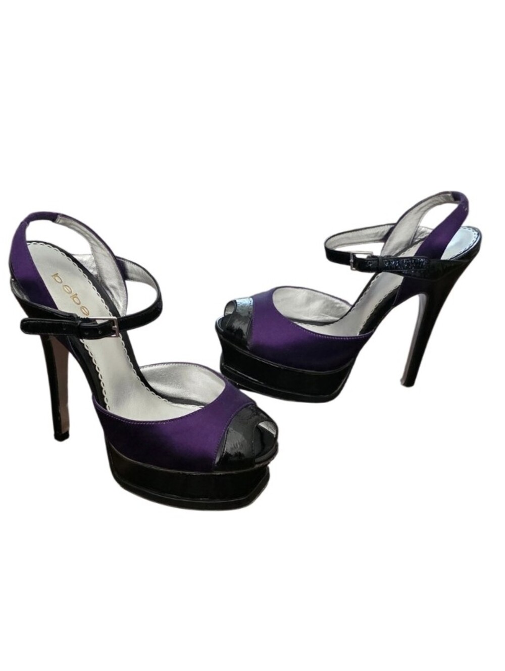 Bebe Purple Black Satin Platform Peep Toe Heels Size 7 - Picture 3 of 16